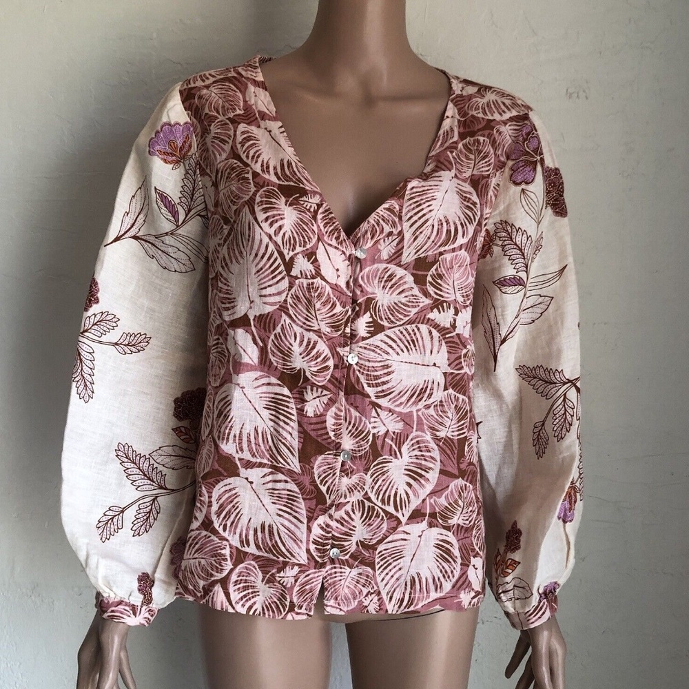 NWT Tahari 100% Linen Floral Long Sleeve Button up Blouse Top size Lg